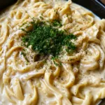 Close up of al dente fettuccine swirling in a thick, glossy ivory cream sauce with translucent garlic bits. (One Pot Creamy Garlic Pasta)