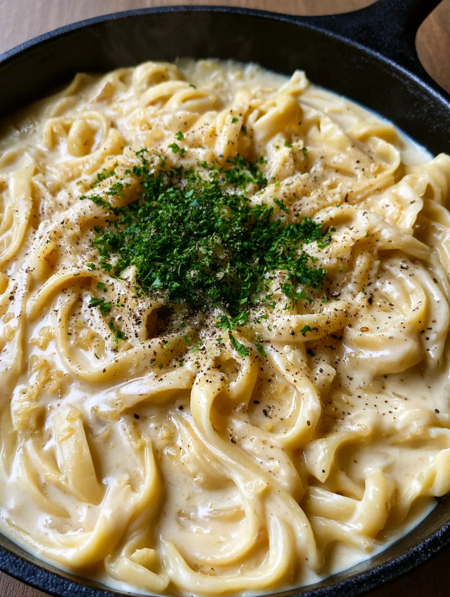 One Pot Creamy Garlic Pasta: A Silky 20-Minute Dinner Masterpiece 5 Close up of al dente fettuccine swirling in a thick, glossy ivory cream sauce with translucent garlic bits. (One Pot Creamy Garlic Pasta)
