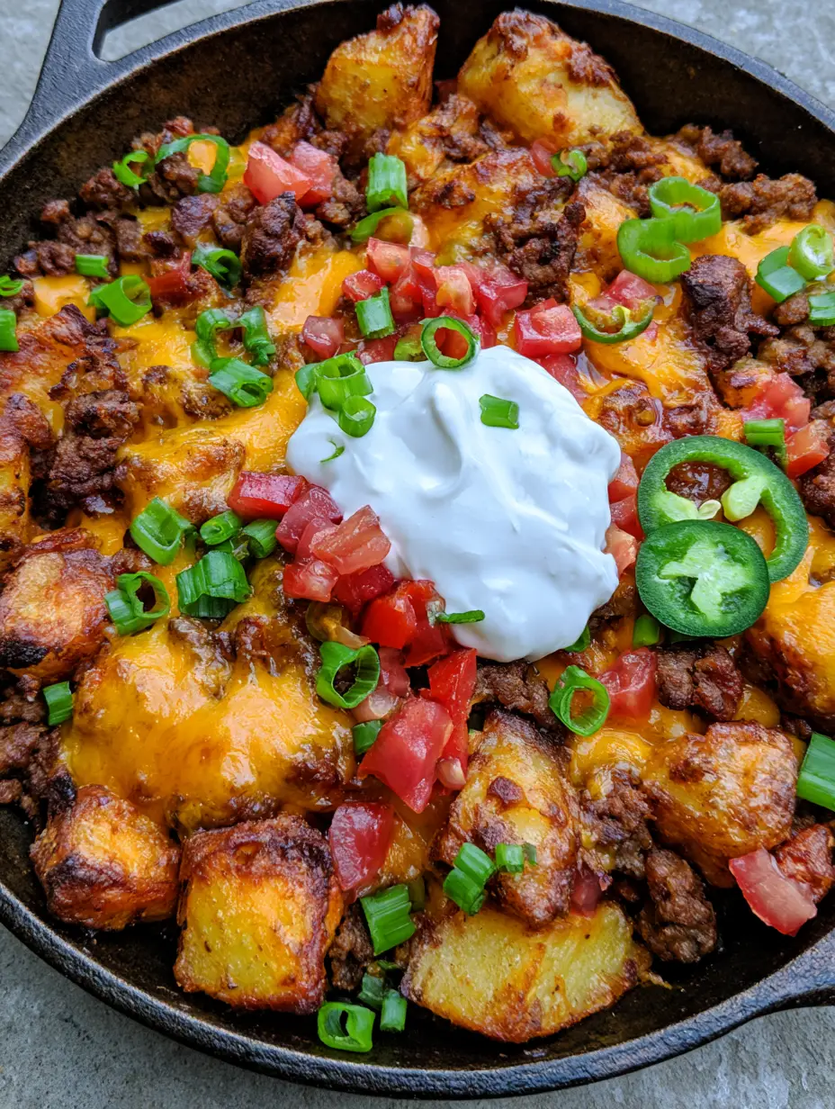 Cheesy Taco Potatoes: The Ultimate One-Pan Crispy Skillet Comfort 5 Top-down view of Cheesy Taco Potatoes in a cast iron skillet with bubbling cheese and fresh toppings.