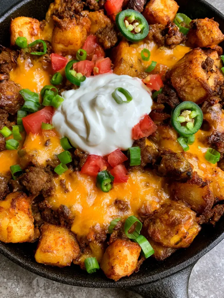 Cheesy Taco Potatoes: The Ultimate One-Pan Crispy Skillet Comfort 2 Close-up texture of seared beef and golden-brown roasted potato cubes in Cheesy Taco Potatoes.