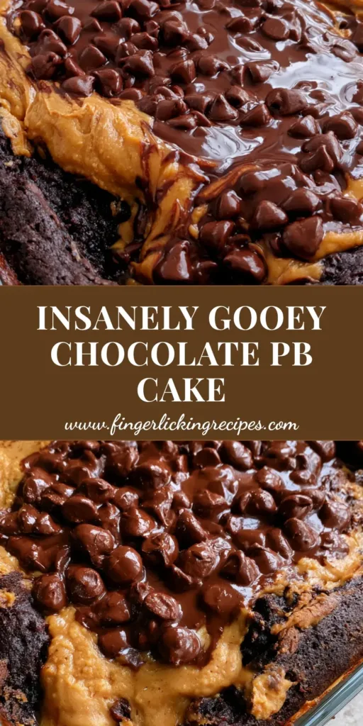 A close-up vertical view of a Chocolate Peanut Butter Dump Cake in a glass dish with thick peanut butter swirls and molten chocolate chips.