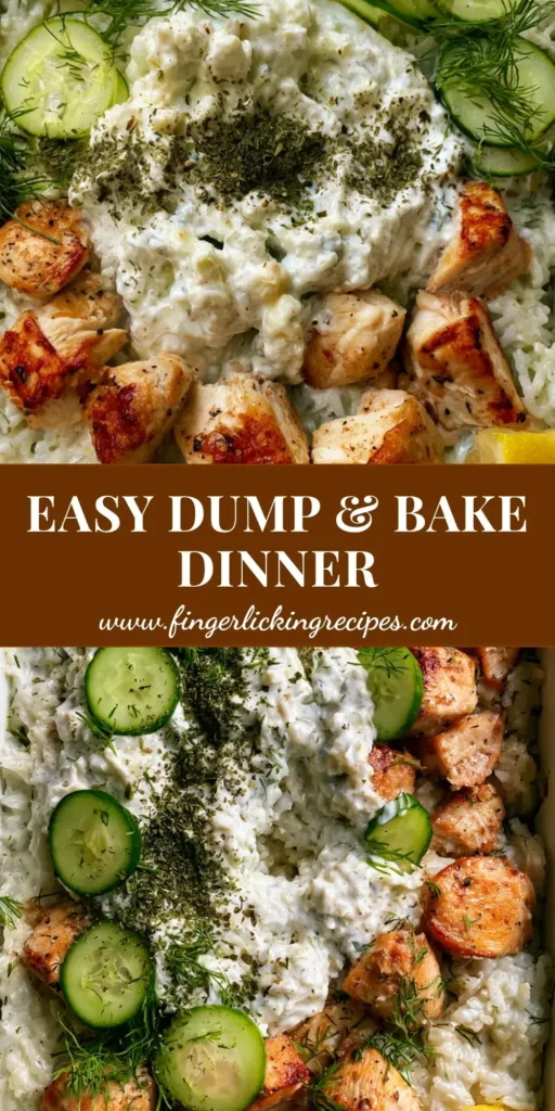 A top-down view of a rectangular white ceramic casserole dish featuring golden chicken chunks, fluffy rice, and dollops of creamy white tzatziki. (Chicken Tzatziki Casserole)
