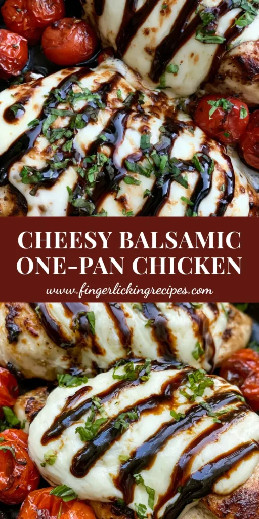 A rustic cast iron skillet holding two seared chicken breasts topped with melted mozzarella, zig-zagged balsamic glaze, and blistered cherry tomatoes. (Balsamic Mozzarella Chicken)