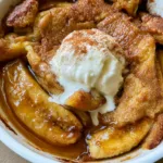 Handheld smartphone photo of a Southern Banana Cobbler showing thick slices of caramelized bananas and glossy amber syrup in a white ceramic dish.