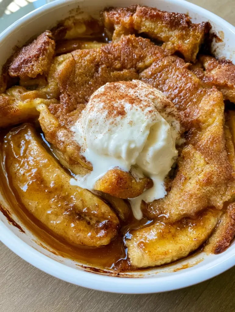Southern Banana Cobbler: The Ultimate Warm and Caramelized Comfort Dessert 3 Handheld smartphone photo of a Southern Banana Cobbler showing thick slices of caramelized bananas and glossy amber syrup in a white ceramic dish.
