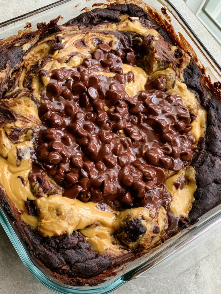 Detailed view of glossy, partially melted semi-sweet chocolate chips on a marbled cake surface.