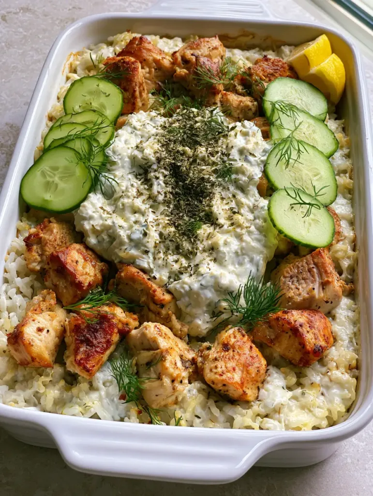 A handheld smartphone photo showing a close-up of the Chicken Tzatziki Casserole with visible golden-brown chicken edges and fresh dill. (Chicken Tzatziki Casserole)