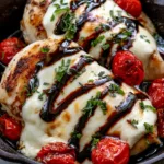 Balsamic Mozzarella Chicken: The Ultimate Skillet Caprese Dinner Close-up view of seared chicken breast with gooey melted white mozzarella and dark balsamic drizzle. (Balsamic Mozzarella Chicken)