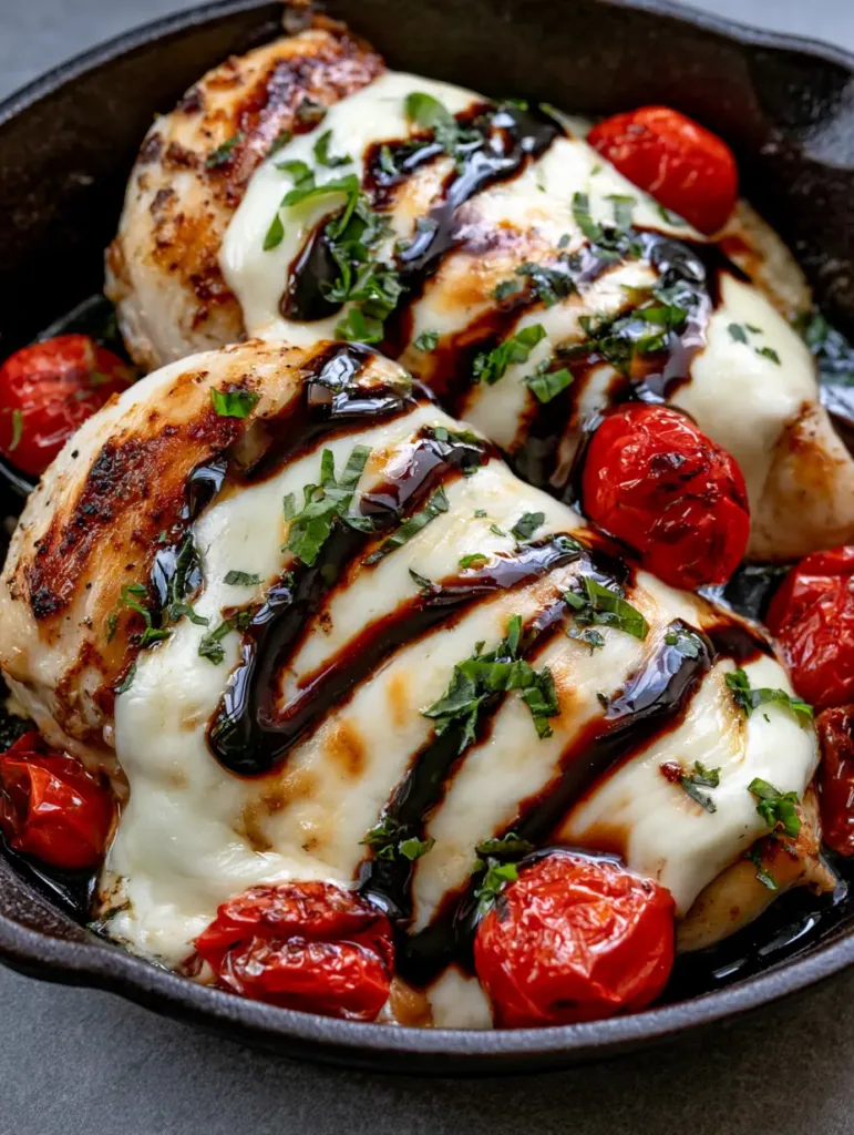 Close-up view of seared chicken breast with gooey melted white mozzarella and dark balsamic drizzle. (Balsamic Mozzarella Chicken)