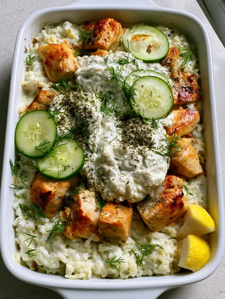 Side view of the casserole dish showing the fluffy rice layer and the thick tzatziki dollops topped with cucumber slices.