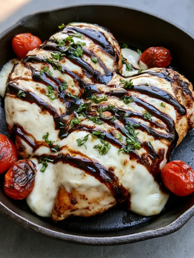 Blistered red cherry tomatoes and fresh chopped basil surrounding balsamic glazed chicken in a cast iron pan.