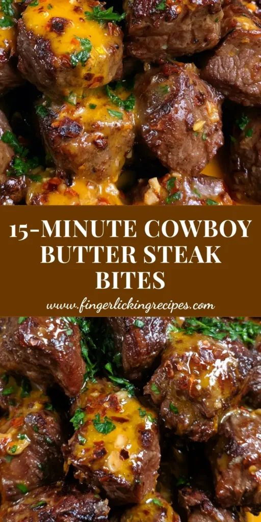 A close-up of juicy, bite-sized Cowboy Butter Steak Bites seared with a dark brown crust in a cast iron skillet, coated in glossy orange butter sauce with parsley.