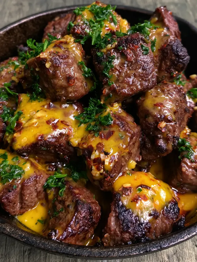 Close-up shot of seared beef steak cubes with a caramelized crust and glossy yellow-orange butter sauce flecked with red chili and garlic.