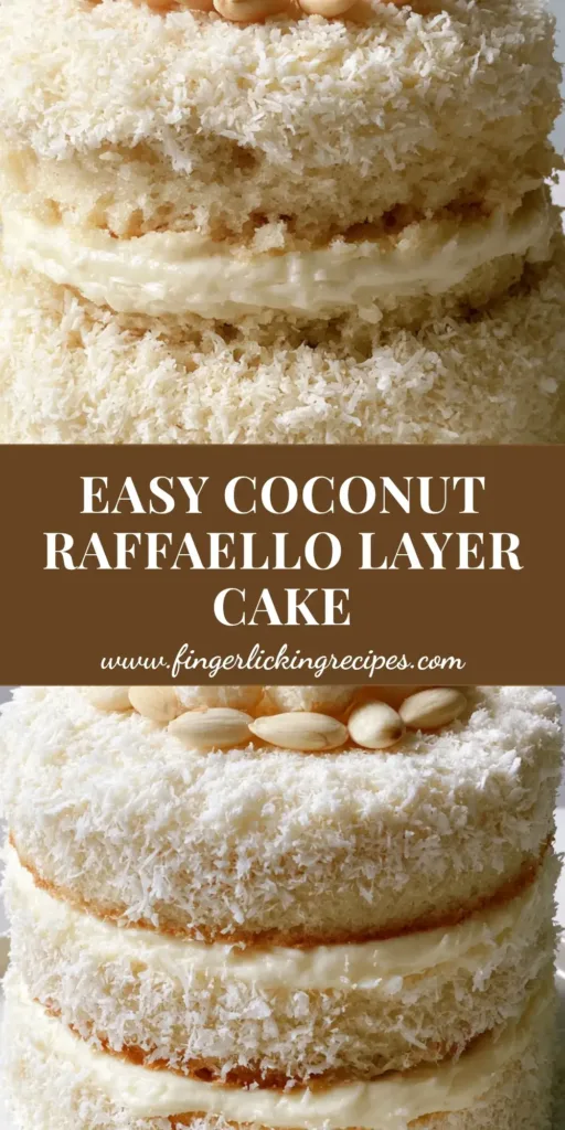 A tall three-layer Coconut Raffaello Cake coated in white shredded coconut and topped with truffles and almonds on a white plate.