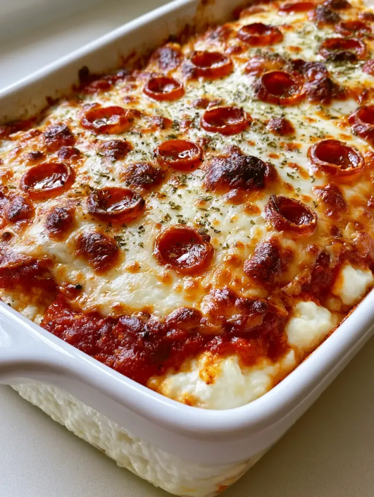 A detailed shot of Cottage Cheese Pizza Bake showing visible white curds and vibrant red sauce layers. (Cottage Cheese Pizza Bake)