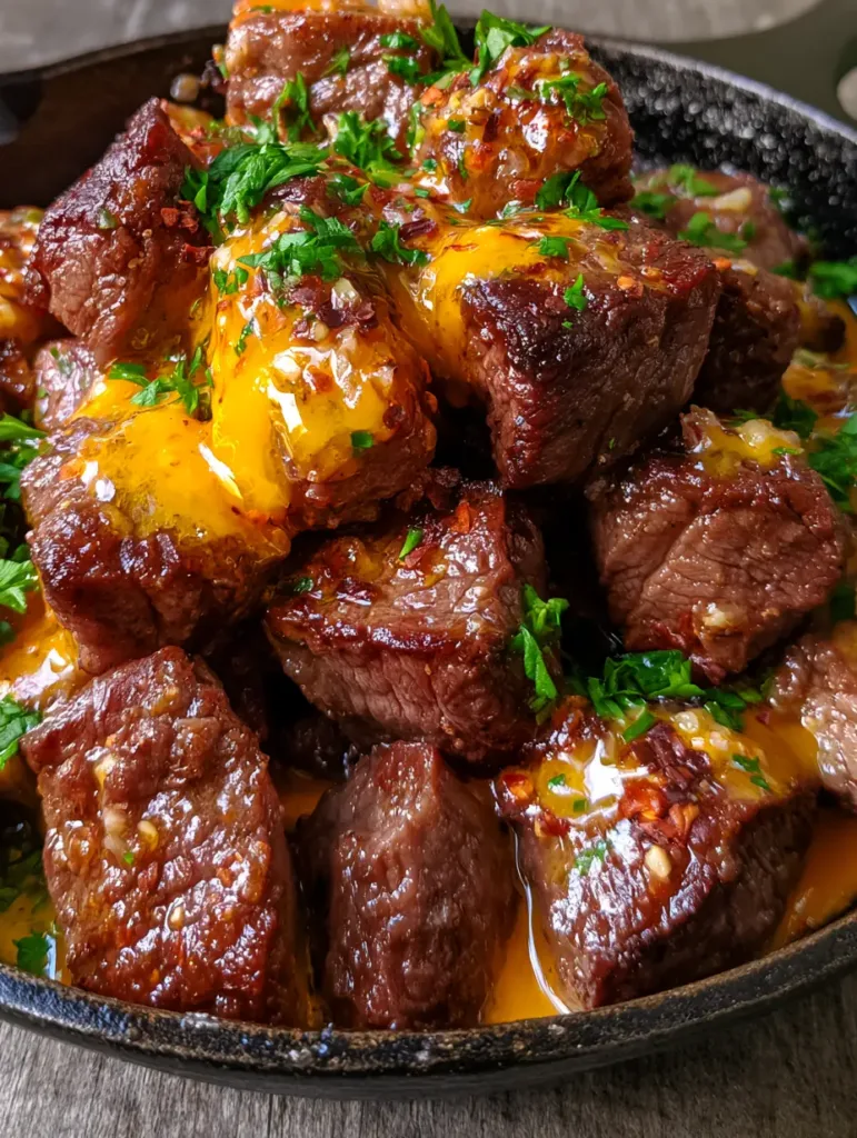 Smartphone style photo of steak bites in a cast iron skillet with vibrant garlic herb butter sauce and fresh parsley on a wooden table.