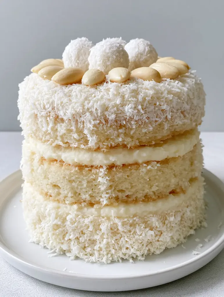 Close-up of the fine desiccated coconut texture on a three-layer Coconut Raffaello Cake.