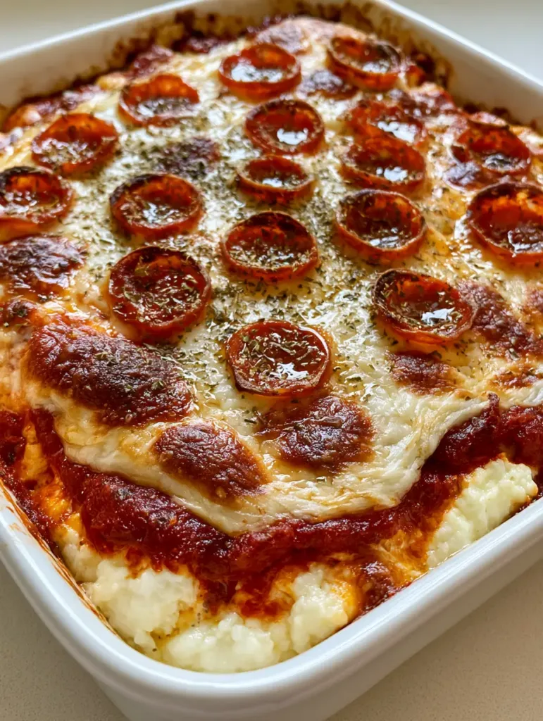 Cottage Cheese Pizza Bake with charred mozzarella spots and glistening crispy pepperoni slices.