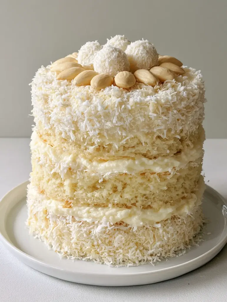 Top view of the Coconut Raffaello Cake showing the circular arrangement of truffles and blanched almonds.
