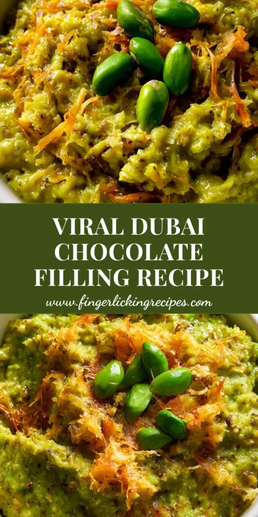A small white bowl overflowing with vibrant lime-green Dubai Chocolate Filling featuring toasted kunafa shards and whole roasted pistachios. (Dubai Chocolate Filling)
