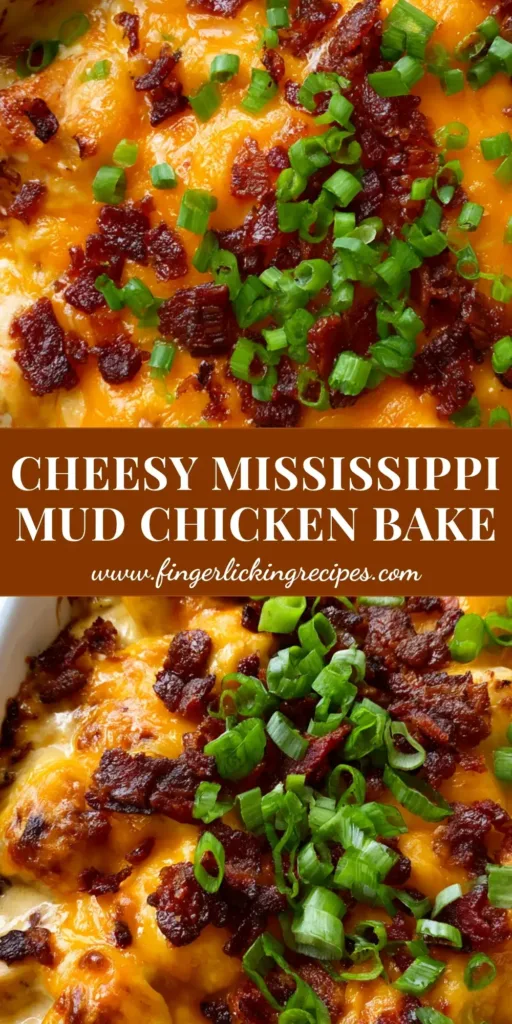 Mississippi Mud Chicken: The Ultimate Creamy Cheesy Casserole 5 A top-down view of Mississippi Mud Chicken in a white ceramic dish featuring melted orange cheddar, dark brown bacon bits, and bright green scallions.