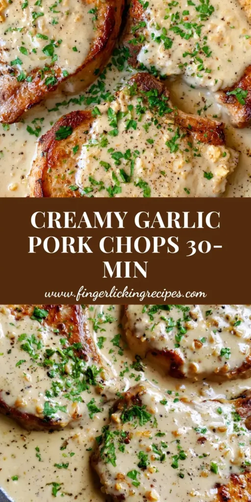 A top-down view of three golden-brown seared Creamy Garlic Pork Chops in a black cast iron skillet with thick ivory sauce and fresh parsley.