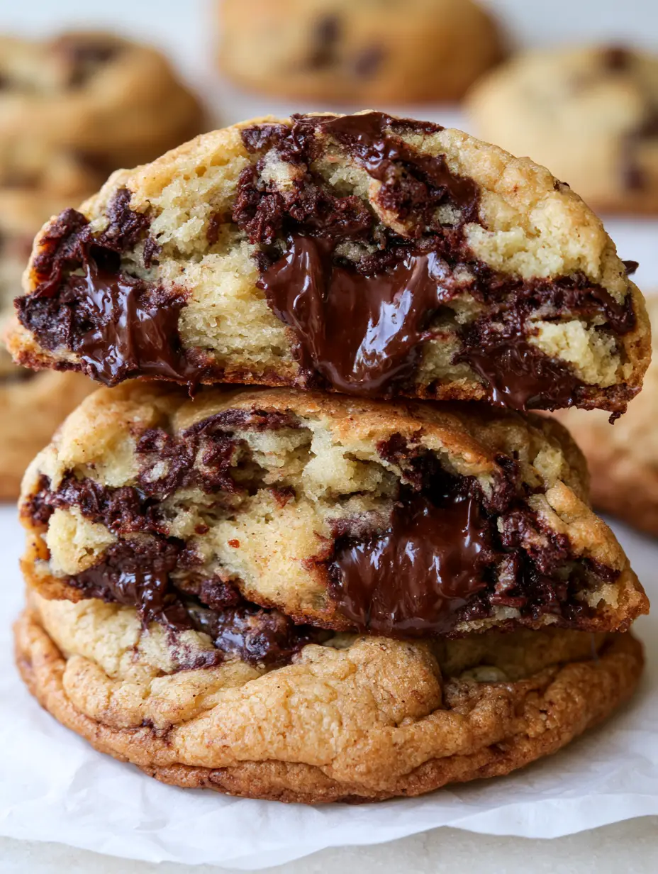 Chocolate Chip Cookie Recipe: The Ultimate Thick and Molten Masterpiece 4 Close-up shot of a broken chocolate chip cookie revealing oozing melted dark chocolate chunks and soft golden dough. (chocolate chip cookie recipe)