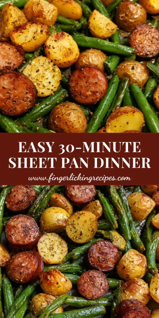 A dark metal sheet pan filled with roasted smoked sausage slices, halved small yellow potatoes, and charred whole fresh green beans. (Sheet Pan Sausage and Potatoes)