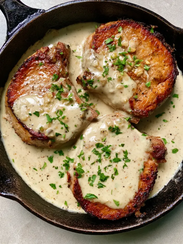 A close-up shot of the golden caramelized edges of the pork chops and the glossy ivory garlic cream sauce. (Creamy Garlic Pork Chops)