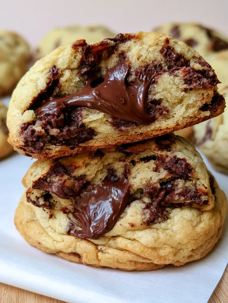 Chocolate Chip Cookie Recipe: The Ultimate Thick and Molten Masterpiece 2 Two thick cookies stacked on white parchment paper under soft natural daylight showing a crinkled crust.