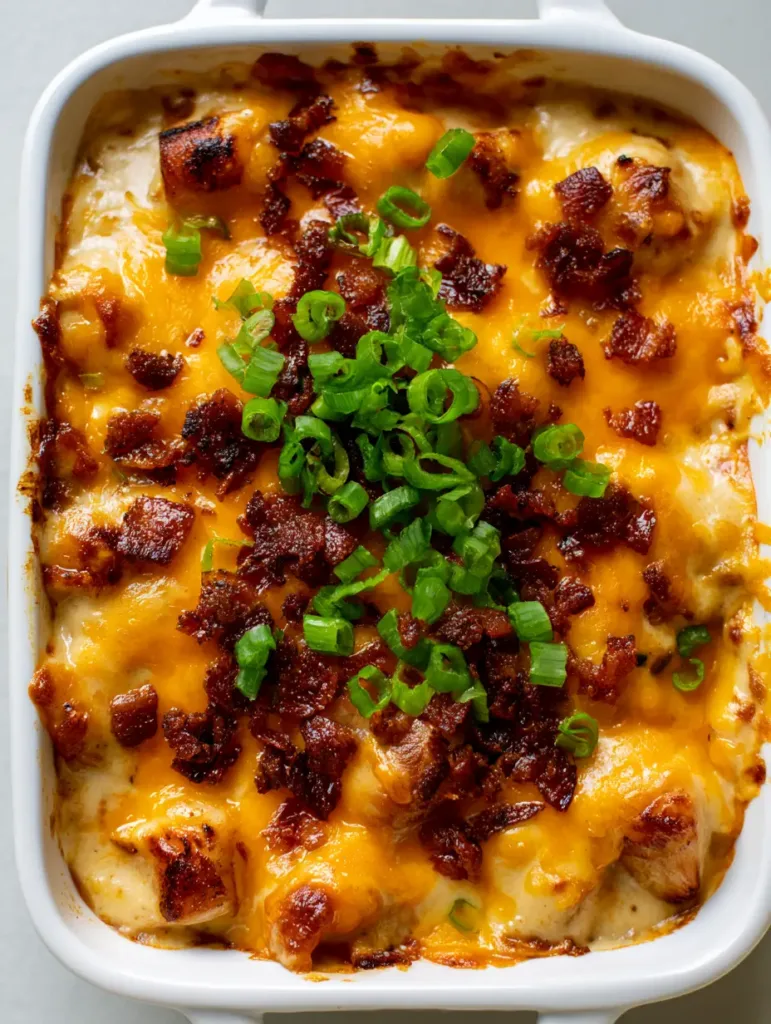 Mississippi Mud Chicken: The Ultimate Creamy Cheesy Casserole 2 Top-down view of Mississippi Mud Chicken featuring caramelized cheese edges and dark brown bacon crumbles.