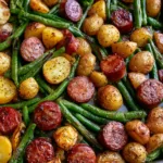 Close up shot of caramelized sausage rounds and golden-brown roasted potatoes on a sheet pan. (Sheet Pan Sausage and Potatoes)