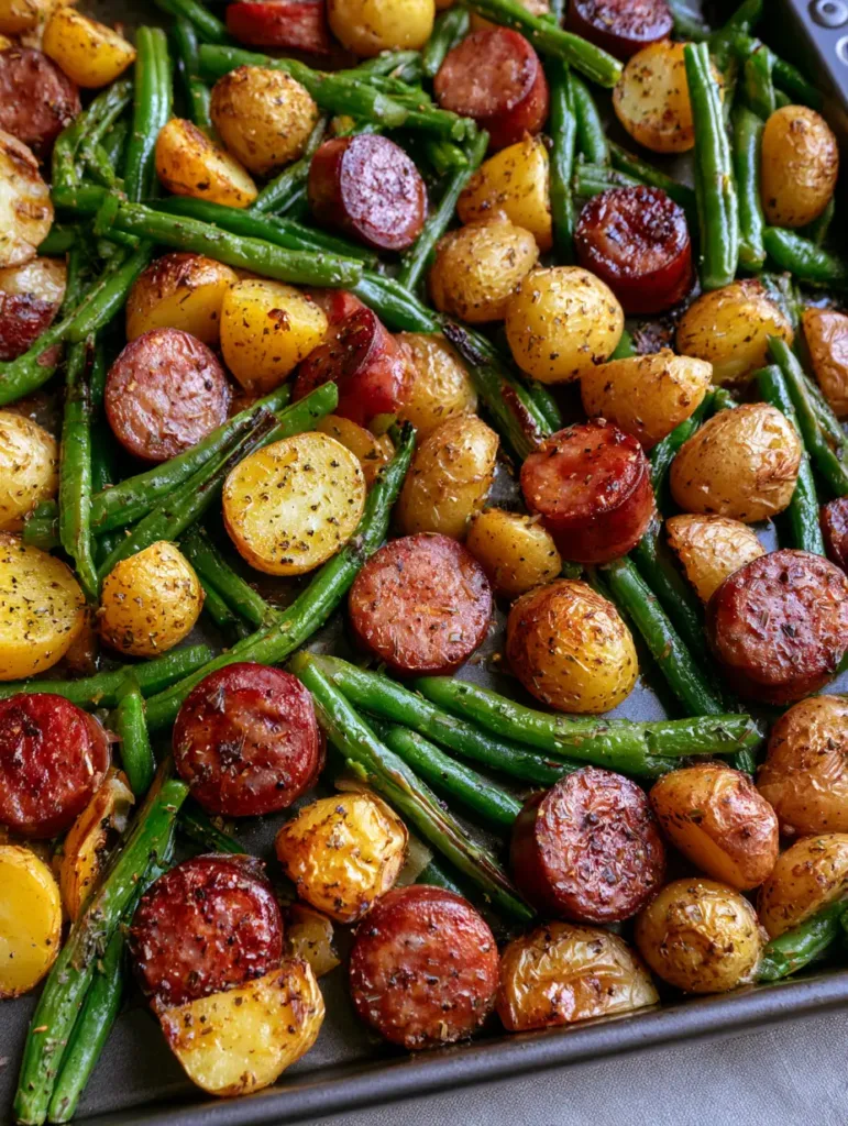 Close up shot of caramelized sausage rounds and golden-brown roasted potatoes on a sheet pan. (Sheet Pan Sausage and Potatoes)
