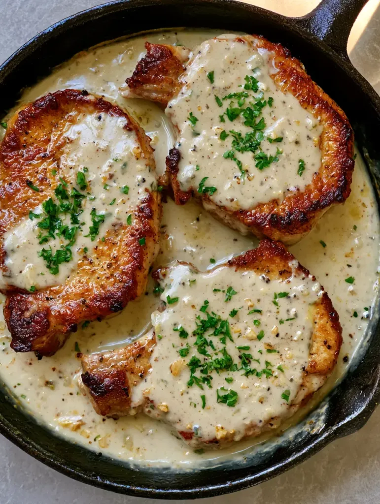 Handheld smartphone photo of a black skillet containing pork chops covered in garlic cream sauce and scattered parsley.