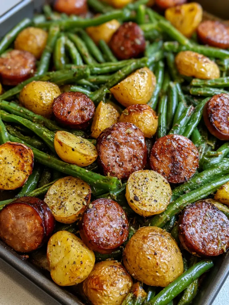 A wide shot of the finished sheet pan meal featuring vibrant charred green beans and seasoned potatoes. (Sheet Pan Sausage and Potatoes)