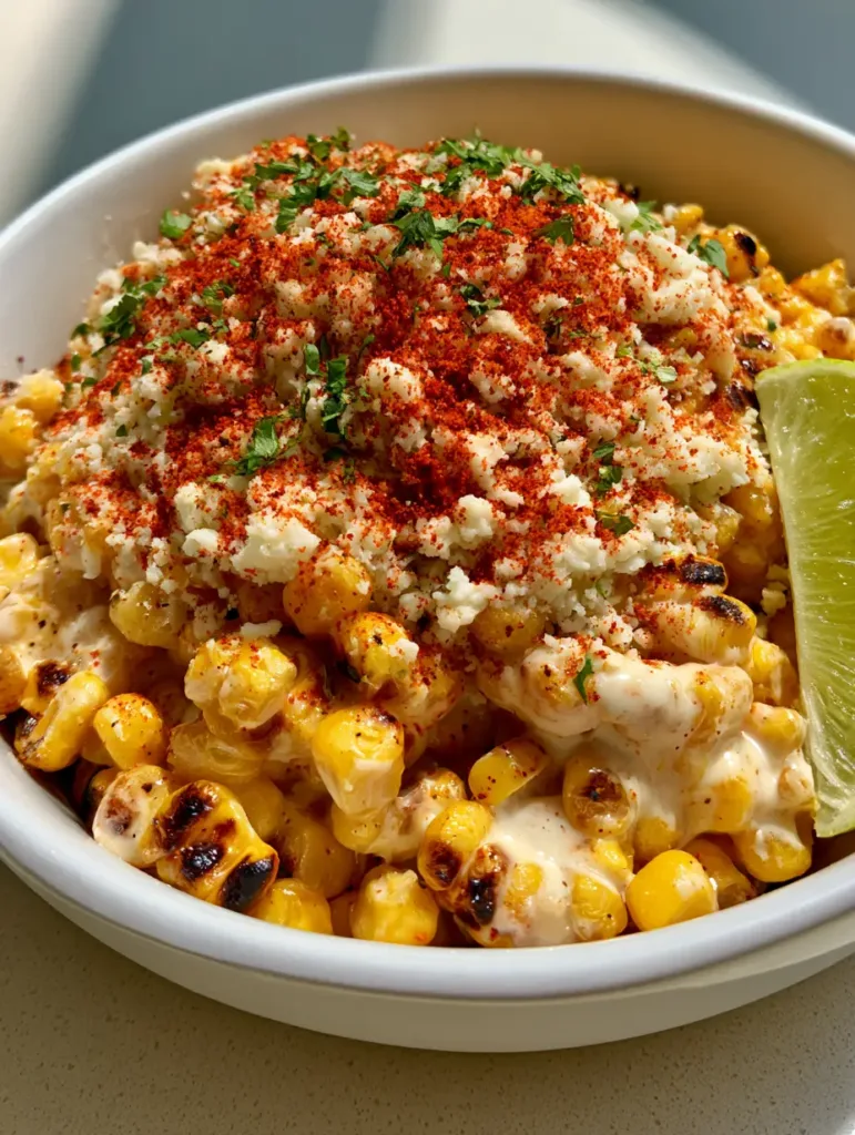 A white bowl of Mexican Street Corn Recipe topped with crumbled white cotija cheese, red chili powder, and green cilantro flakes.