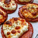 Several circular pepperoni slices laid flat on parchment paper topped with melted, bubbly cottage cheese and green oregano. (Pepperoni Cheese Crisps)