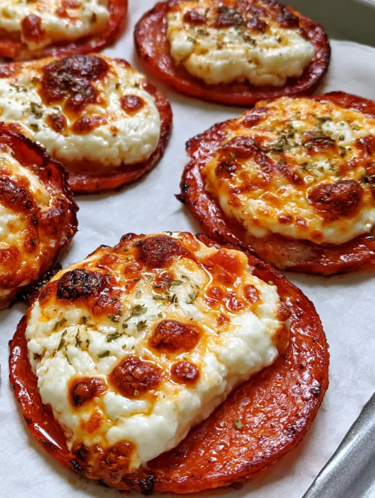 Pepperoni Cheese Crisps: The Ultimate Low-Carb Crispy Snack 3 Several circular pepperoni slices laid flat on parchment paper topped with melted, bubbly cottage cheese and green oregano. (Pepperoni Cheese Crisps)