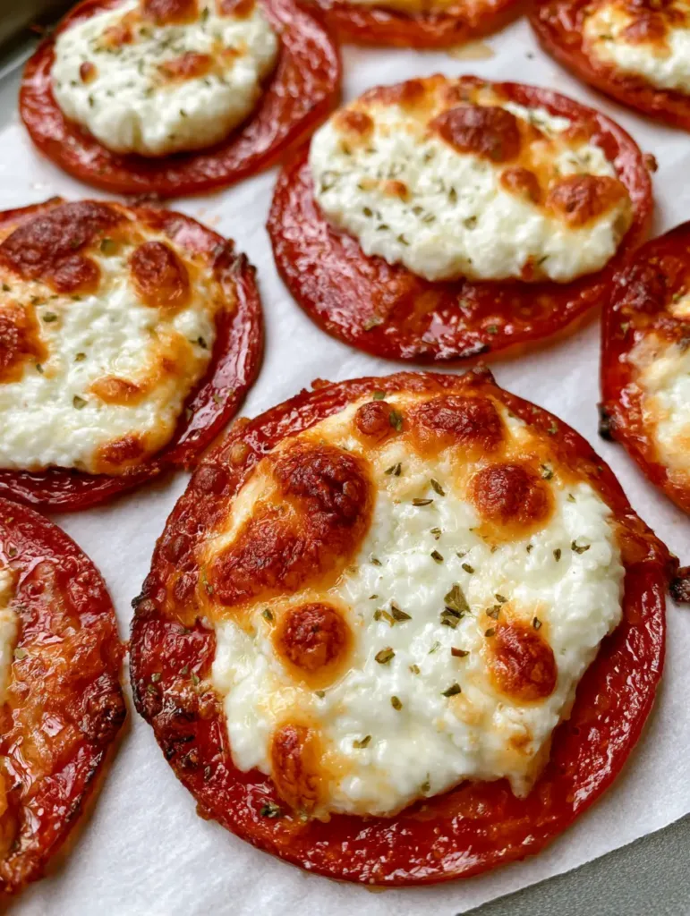 Pepperoni Cheese Crisps: The Ultimate Low-Carb Crispy Snack 2 Handheld smartphone style photo of pepperoni cheese crisps with charred golden-brown edges on a grey baking sheet.