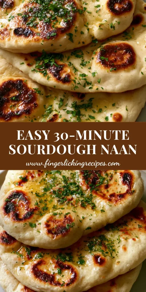 A stack of three fluffy sourdough discard naan flatbreads with charred bubbles, melted butter, and fresh cilantro on a grey plate.