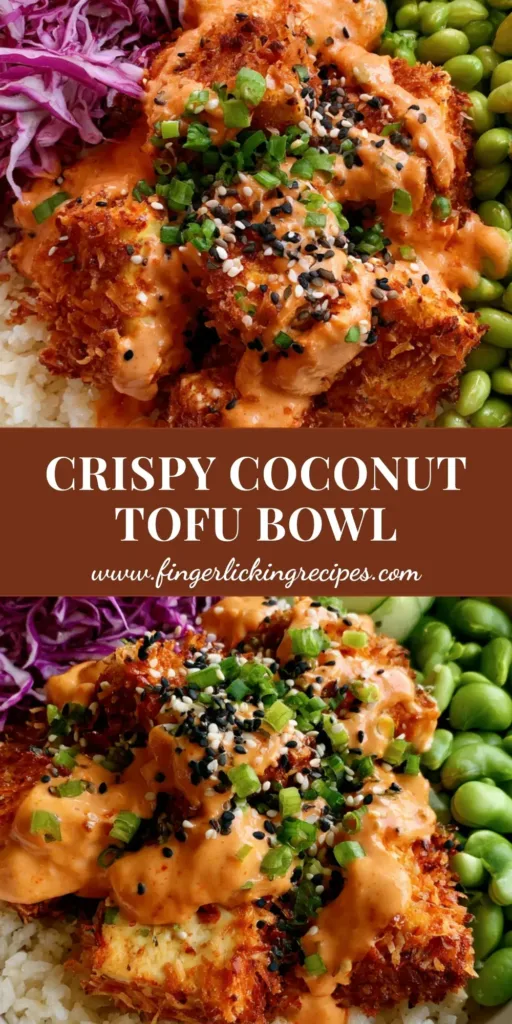 Top-down view of a Crispy Coconut Tofu Bowl featuring golden-brown coconut-crusted tofu cubes, purple cabbage, and edamame.