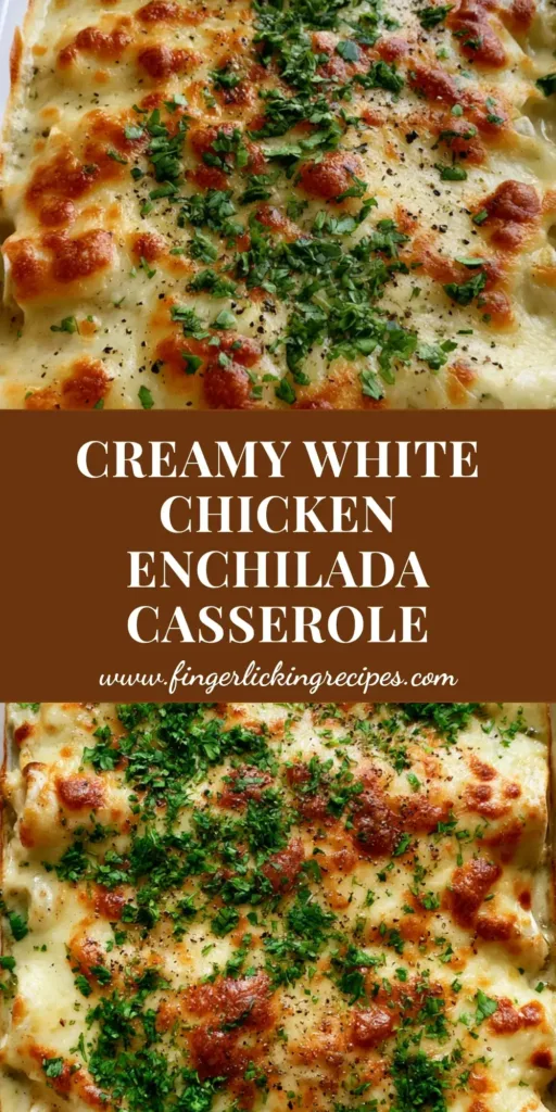 A close-up of a White Chicken Enchilada Casserole with melted bubbly Monterey Jack cheese, fresh cilantro, and cracked black pepper in a white dish.