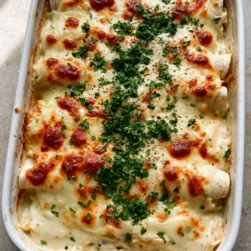 White Chicken Enchilada Casserole with Velvety Green Chile Sauce