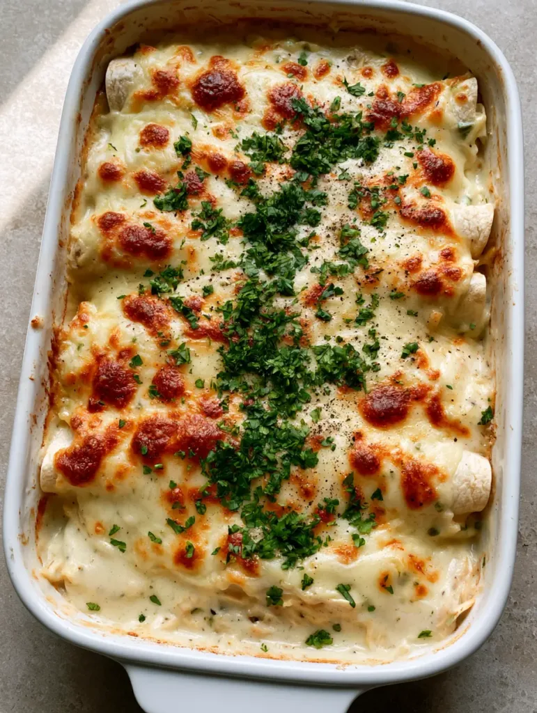 Overhead smartphone photo of a White Chicken Enchilada Casserole in a ceramic baking dish with golden-brown cheese spots and cilantro garnish.