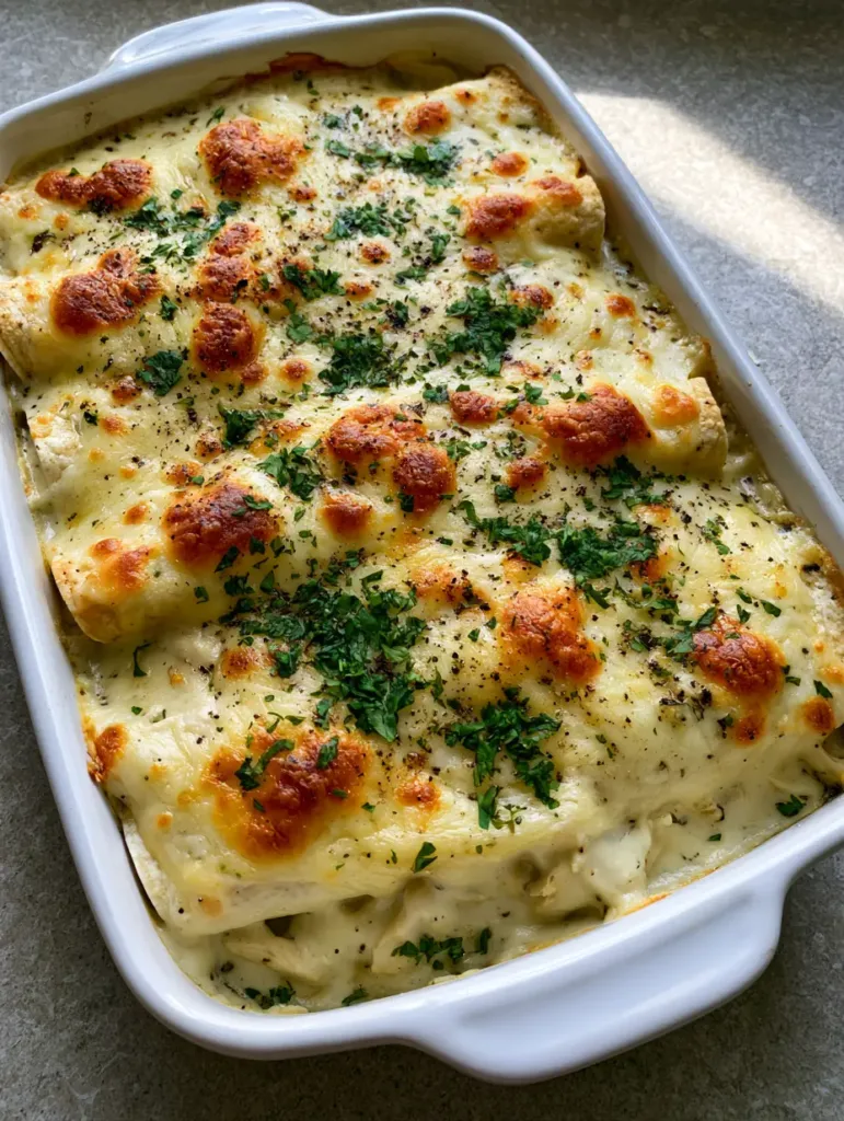 Side view showing layers of white corn tortillas, shredded chicken, and velvety white sauce in a White Chicken Enchilada Casserole.