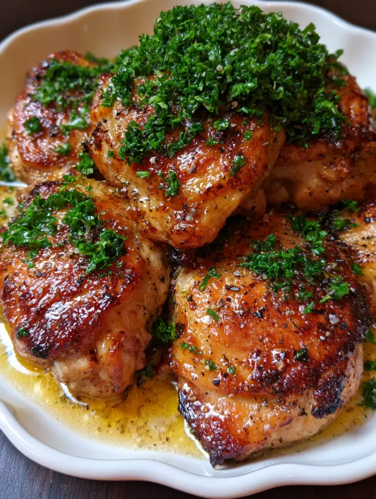 Slow Cooker Chicken Thighs With A Caramelized Honey-Gold Butter Glaze 3 Juicy Slow Cooker Chicken Thighs on a scalloped ceramic platter with a glossy honey sheen. (Slow Cooker Chicken Thighs)