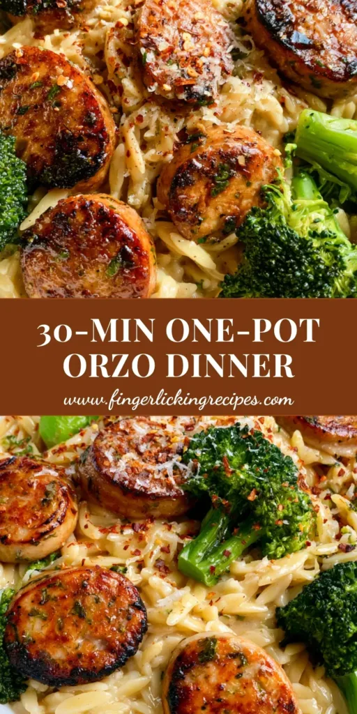 One-Pot Chicken Sausage Orzo with Steamed Broccoli and Creamy Parmesan 5 A top-down view of One-Pot Chicken Sausage Orzo in a white bowl with charred sausage and broccoli.