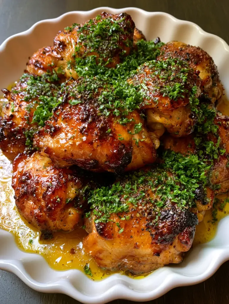 Slow Cooker Chicken Thighs With A Caramelized Honey-Gold Butter Glaze 2 Close up of charred edges and honey-gold glaze on Slow Cooker Chicken Thighs topped with parsley.