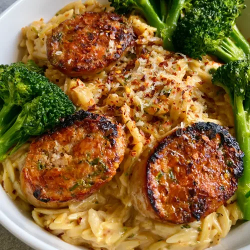 One-Pot Chicken Sausage Orzo with Steamed Broccoli and Creamy Parmesan