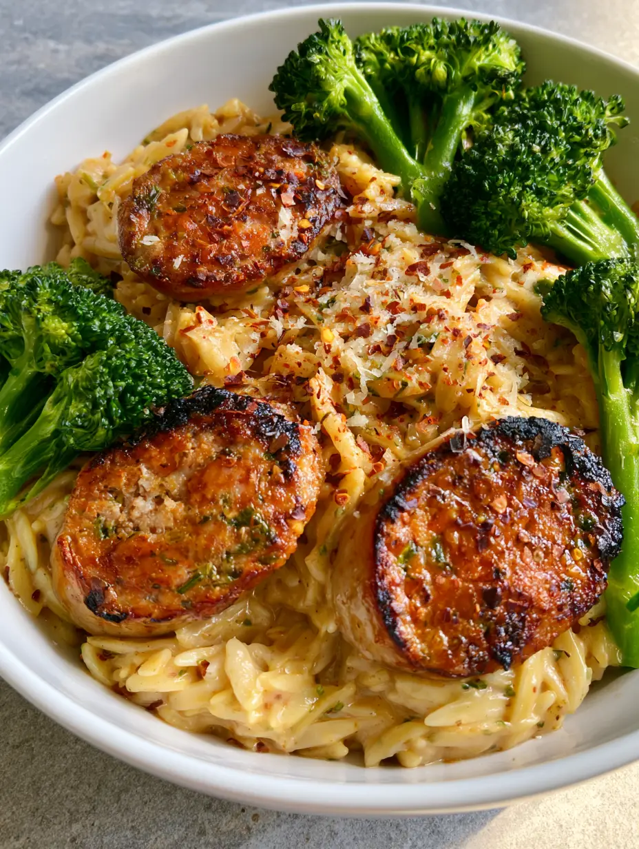 One-Pot Chicken Sausage Orzo with Steamed Broccoli and Creamy Parmesan 4 Handheld photo of One-Pot Chicken Sausage Orzo in a white ceramic bowl showing charred sausage slices and green broccoli.
